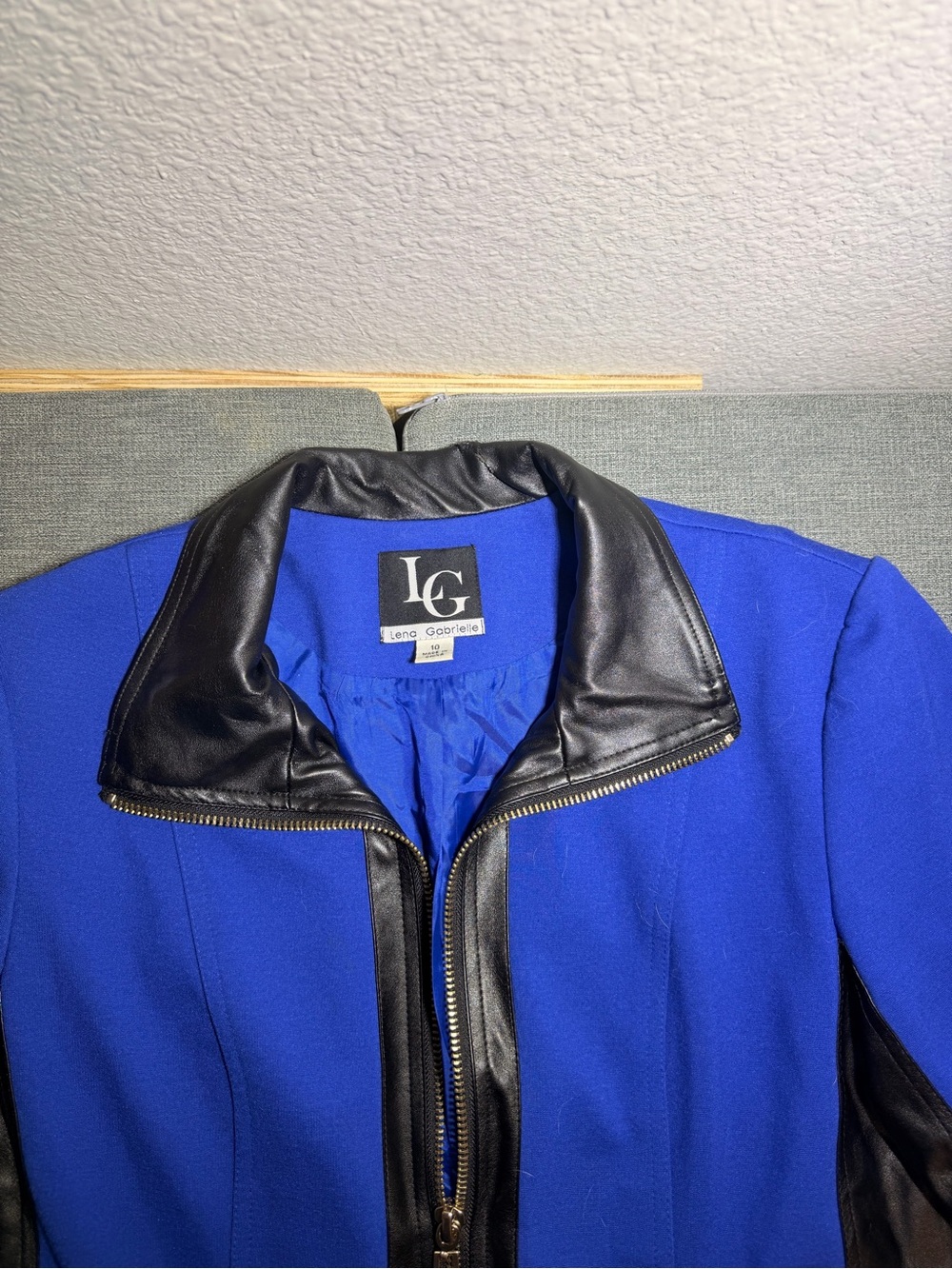 Lena Gabrielle Royal Blue Pea Coat with Black Leather Trim